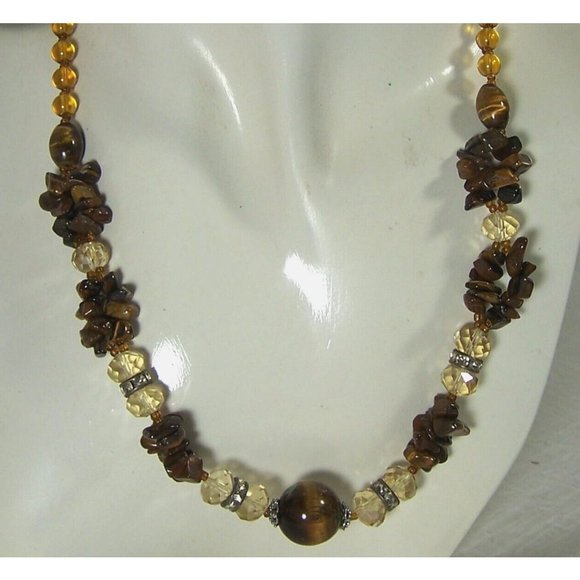 Tiger's Eye Stone Necklace Sphere Focal Two-strand Chips Rhinestone Rondelles - Picture 3 of 8